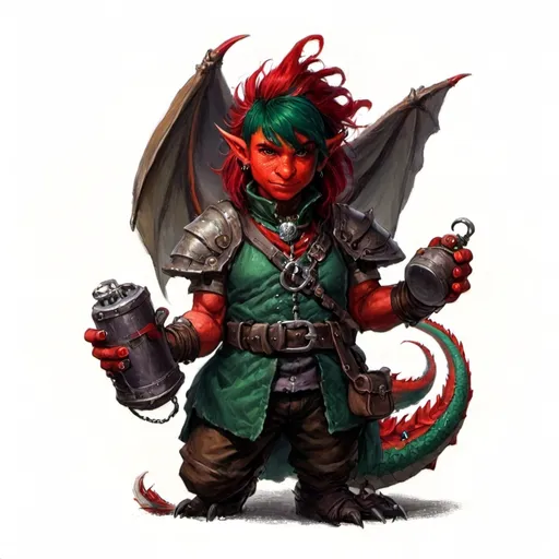 Prompt: dungeons and dragons fantasy art halfling Red Dragon artificer with dark green hair workshop tinkerer and rap clothes