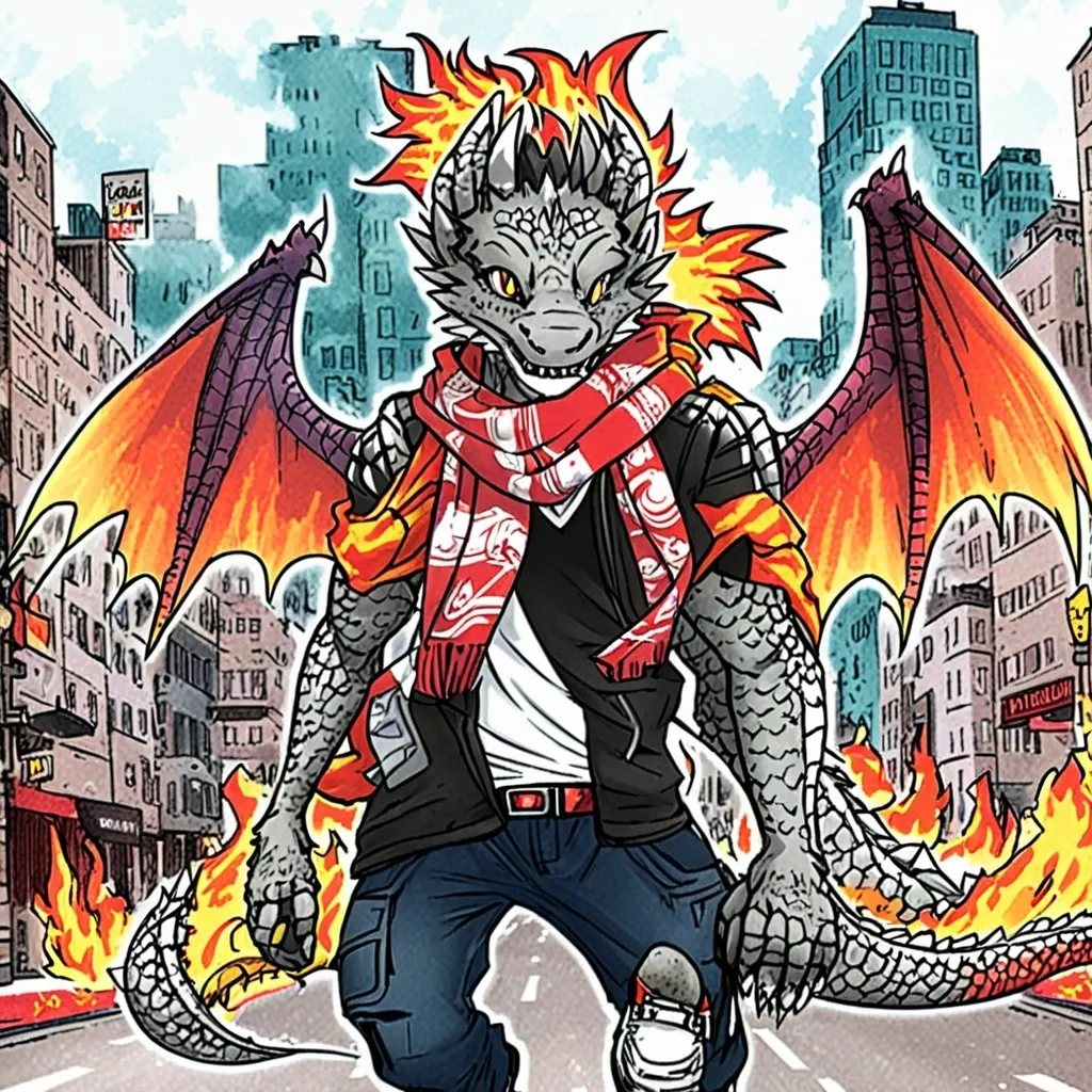 Prompt: a cartoon character with a dragon wings and a scarf on, running through a city street with a fire, Adam Rex, furry art, dragon art, a comic book panel