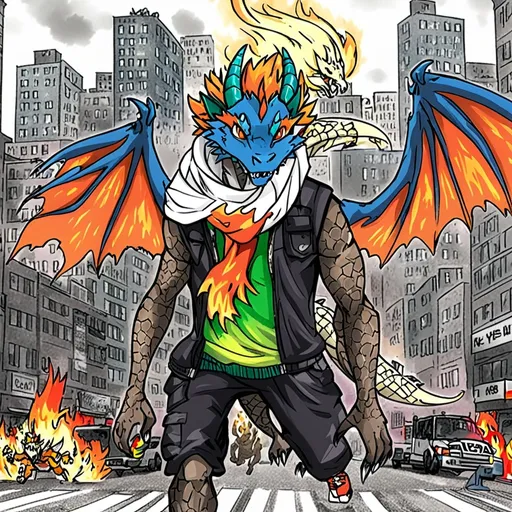 Prompt: a cartoon character with a dragon wings and a scarf on, running through a city street with a fire, Adam Rex, furry art, dragon art, a comic book panel