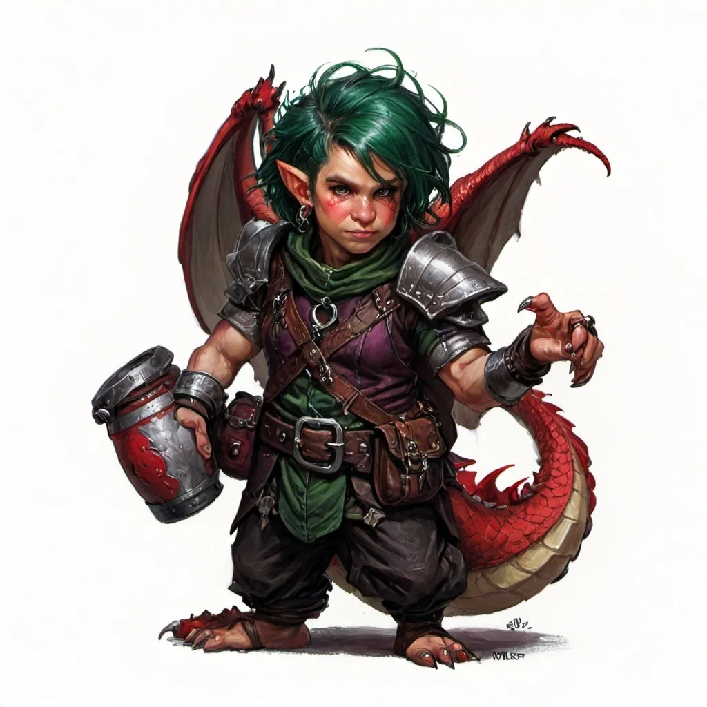 Prompt: dungeons and dragons fantasy art halfling Red Dragon artificer with dark green hair workshop tinkerer and rap clothes