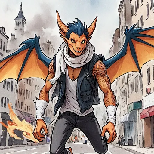 Prompt: a cartoon character with a dragon wings and a scarf on, running through a city street with a fire, Cedric Seaut (Keos Masons), furry art, dragon art, a comic book panel