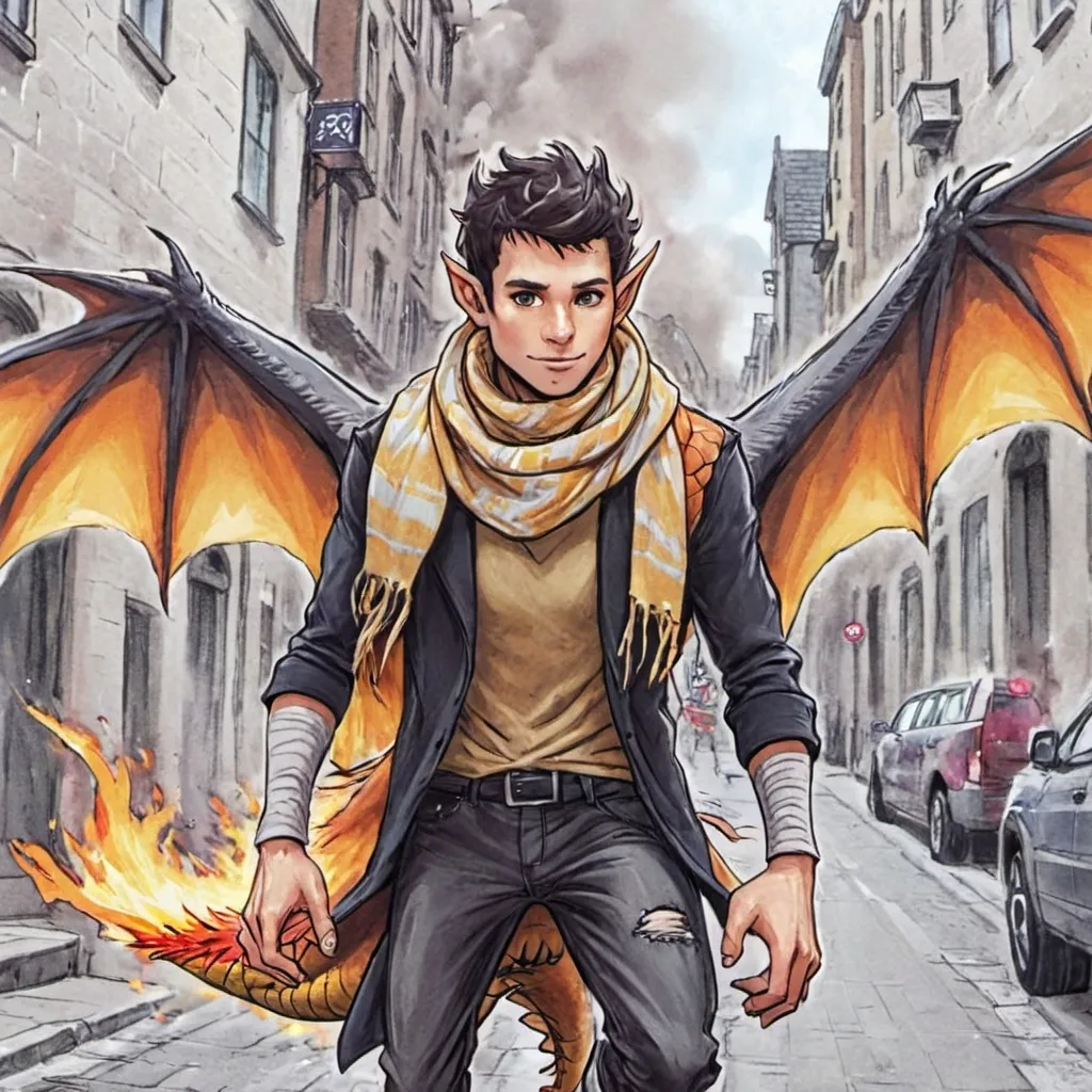 Prompt: a cartoon character with a dragon wings and a scarf on, running through a city street with a fire, Cedric Seaut (Keos Masons), furry art, dragon art, a comic book panel