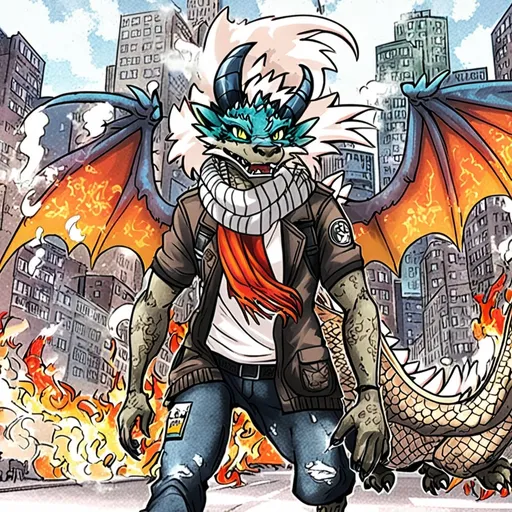 Prompt: a cartoon character with a dragon wings and a scarf on, running through a city street with a fire, Adam Rex, furry art, dragon art, a comic book panel