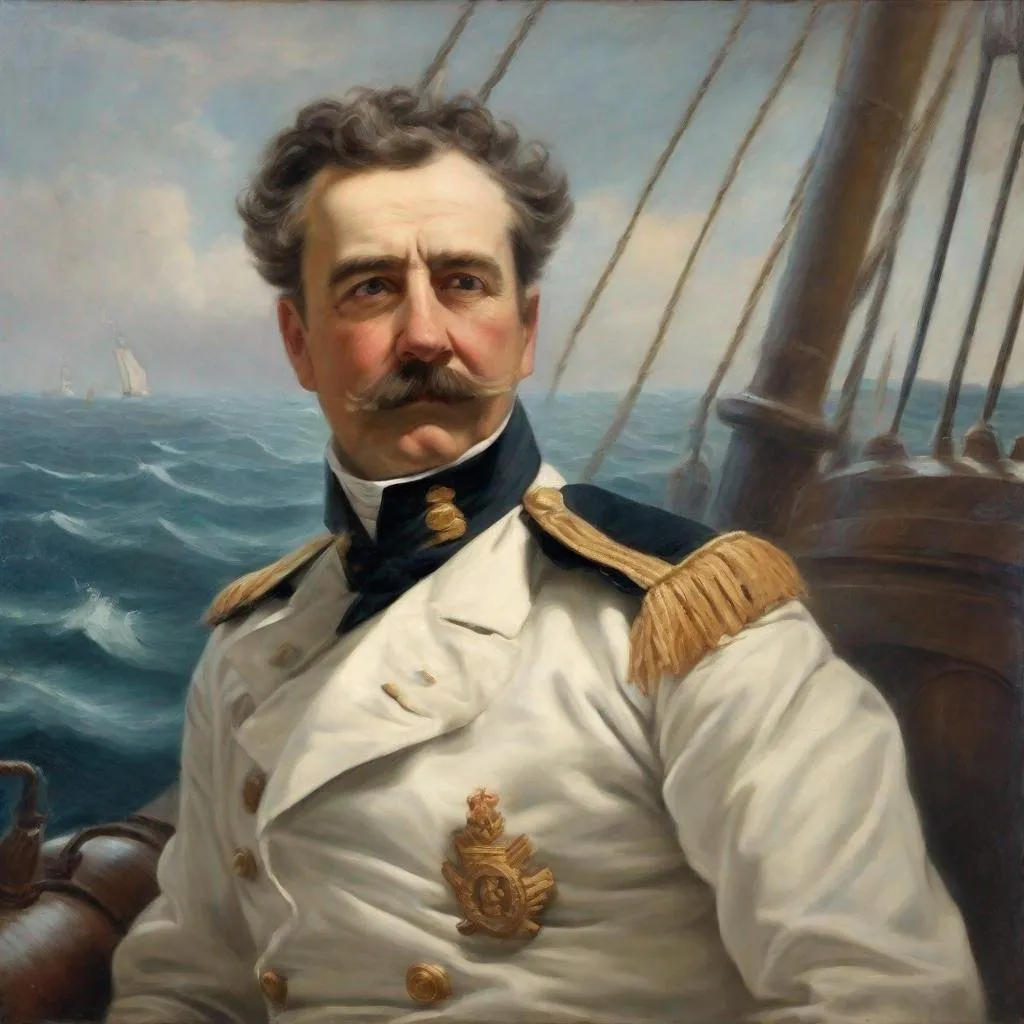 Prompt: oil paint, 19th century naval officer, middle aged, ocean background with ship, white uniform with blue