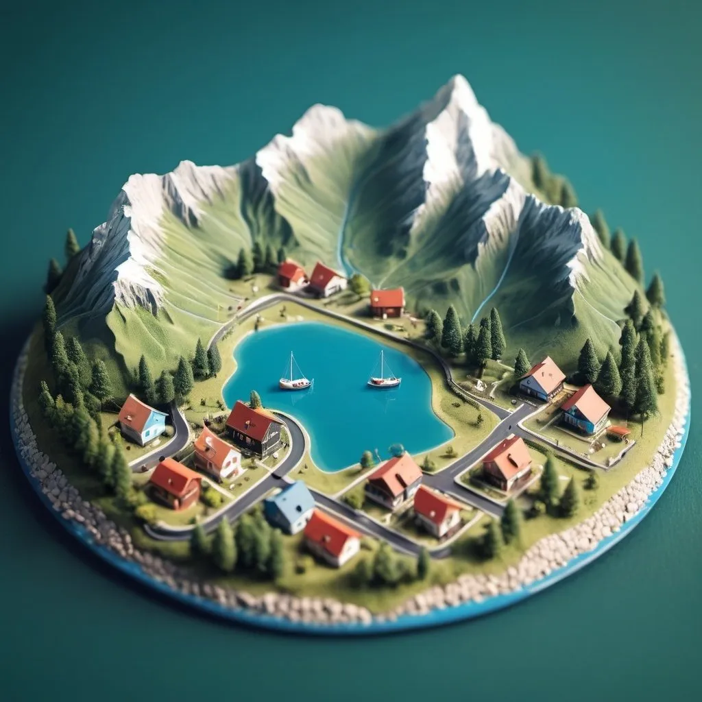 Prompt: aerial view, tilt-shift, isometric miniature world, detailed landscape world render with tiny houses and boats, mountains with lakes