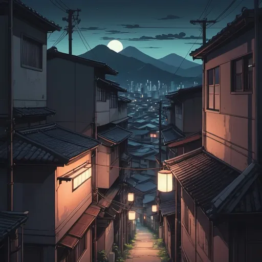 Prompt: Anime style, nostalgic 90s asian small town at 6 pm, close up view from your window of 3 storey room or a hill. Deserted dim lit alleys and windows where you can see mercury light inside. Lofi music style image. Many alleys and different style buildings. 