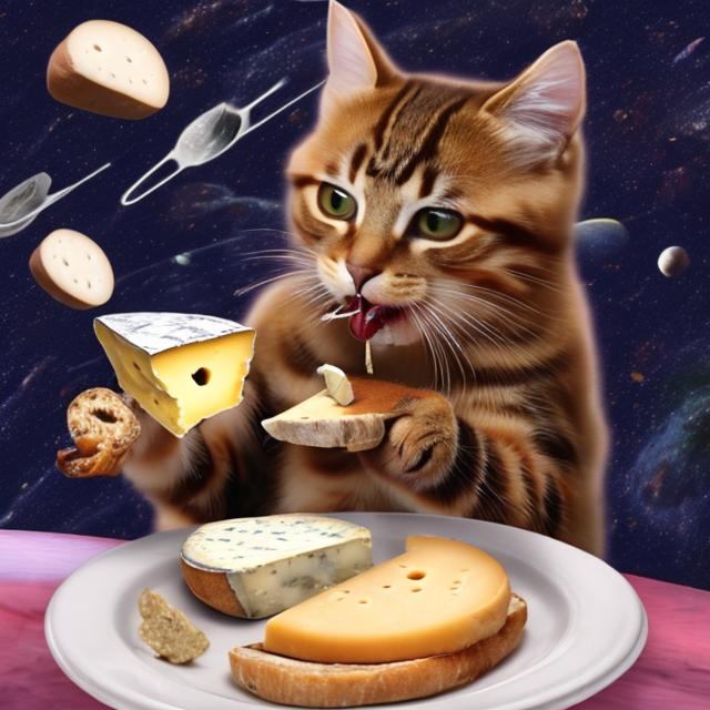 Prompt: cat eating cheese on bagel in space 