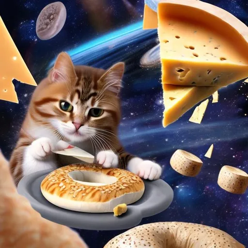 Prompt: cat eating cheese on bagel in space 