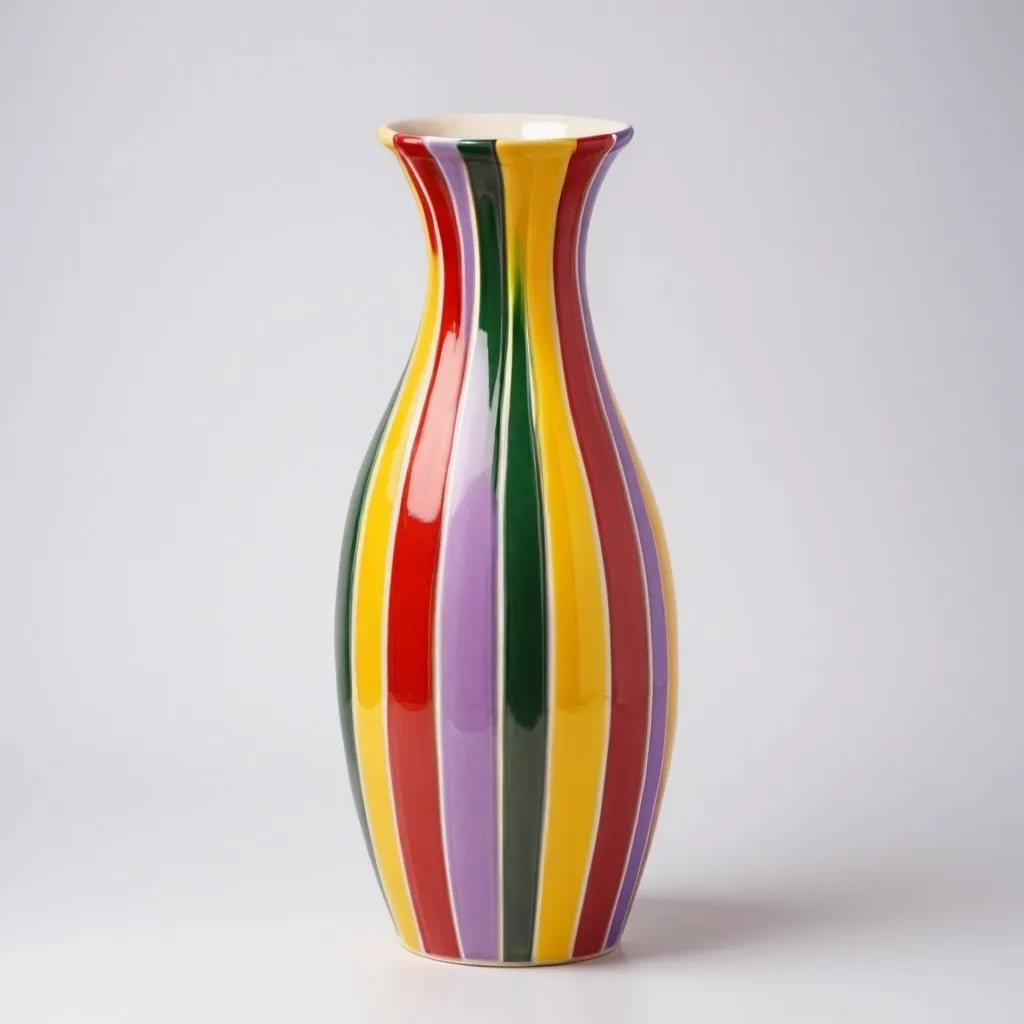 Prompt: striped colorful ceramic tall vase, the colors are yellow, red, light purple and green. White background, product photo