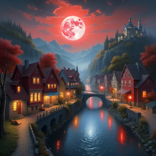 Prompt: a river runs through a town with a red light on it's side and a full moon in the sky, Evgeny Lushpin, fantasy art, kinkade, a detailed matte painting