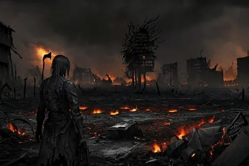 Prompt: Demon, decaying, gore, ominous atmosphere, ominous skies, war torn city, fires, gun fights, battles in background, dynamic lighting, charred bodies,