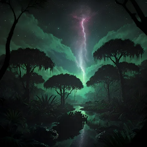 Prompt: Prehistoric, lush, tropical swamp, night, nebula in sky, alien reptiles, high detail,