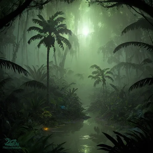 Prompt: Prehistoric, lush, light fog,tropical swamp, night, nebula, alien reptiles,