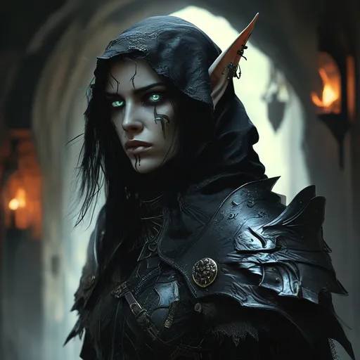 Prompt: Dark elf, warlock, black armor, dungeon background, zoom out, all black eyes,