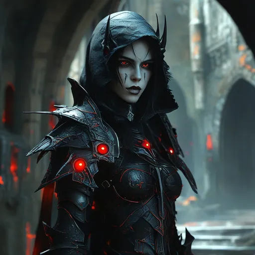 Prompt: Dark elf, warlock, black armor with red accents, dungeon background, zoom out, all black eyes,