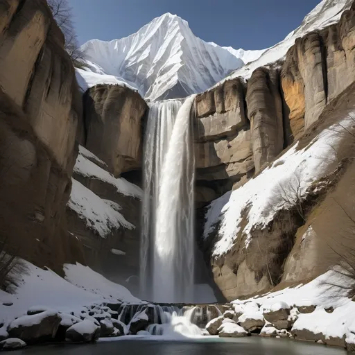 Prompt: Waterfall, flowing from mountain, high snow capped peaks, temple carved into cliff face,