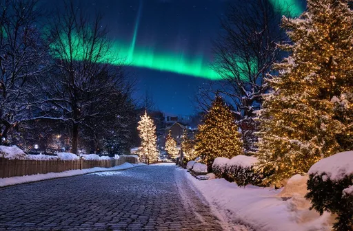 Prompt: Winter scene, cobblestone road, tree canapés overhead, enchanting atmosphere, snow glistening zoomed out view, Christmas lights, northern lights, night time, crisp focus,