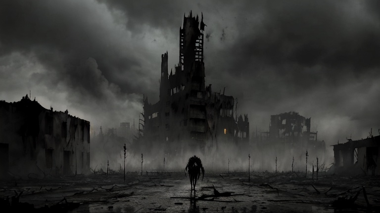 Prompt: Demon, decaying, gore, ominous atmosphere, ominous skies, war torn city, fires, 