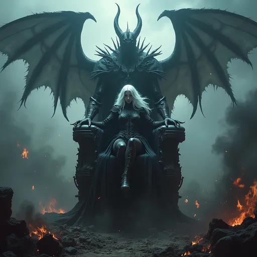 Prompt: (Lilith being carried on blackened throne), dramatic misc-macabre style, showcasing chaotic battle scenes, vivid carnage and destruction, (striking white hair), (gleaming obsidian armor), moody and dark atmosphere, mystical fog swirling in the background, ominous skies, deep shadows, intricate details in demonic figures, powerful energy radiating from Lilith, highly dynamic composition, (4K, ultra-detailed) quality.