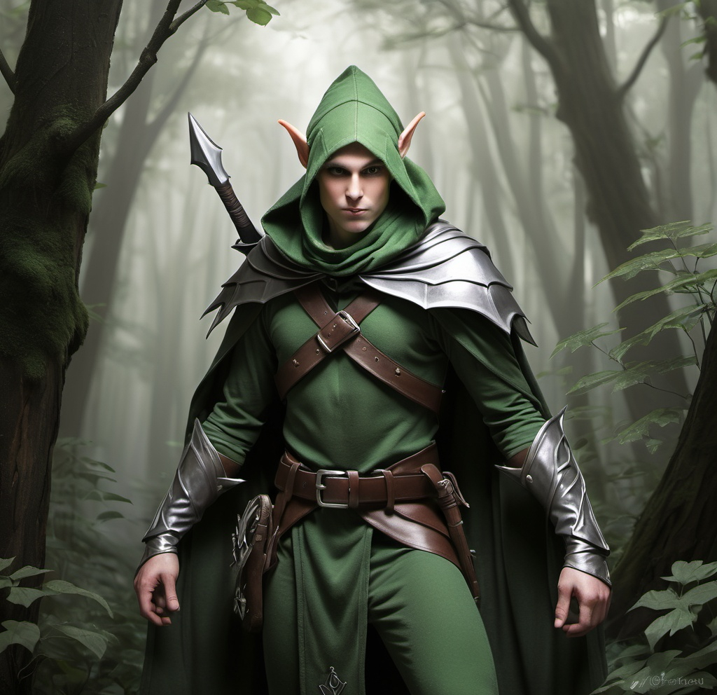 Prompt: Elf, ranger, cowl, male, stealth, sliver sword, hidden, misty Forrest 