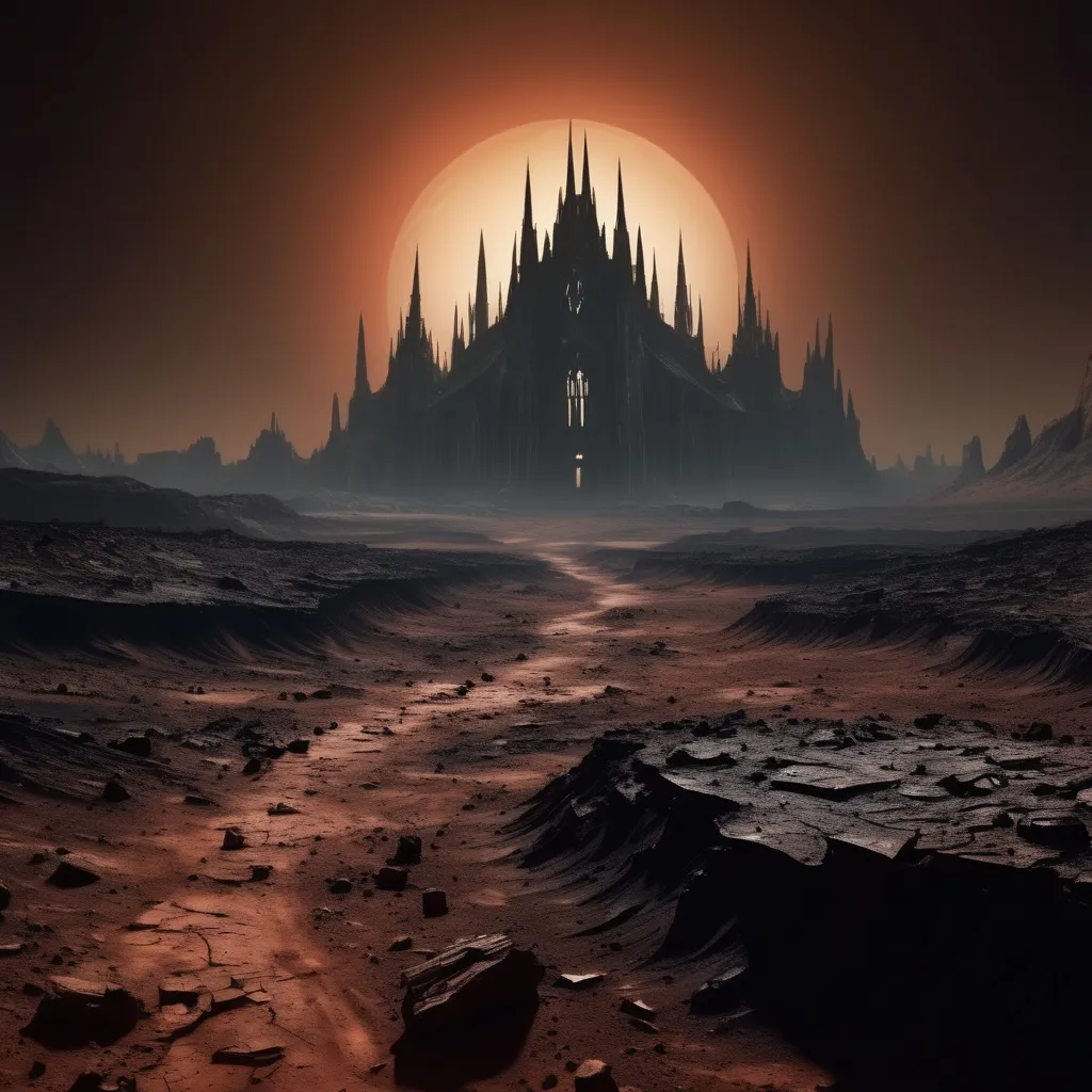 Prompt: Barren landscape, burnt, rugged, mars like, nightmarish dark cathedral 