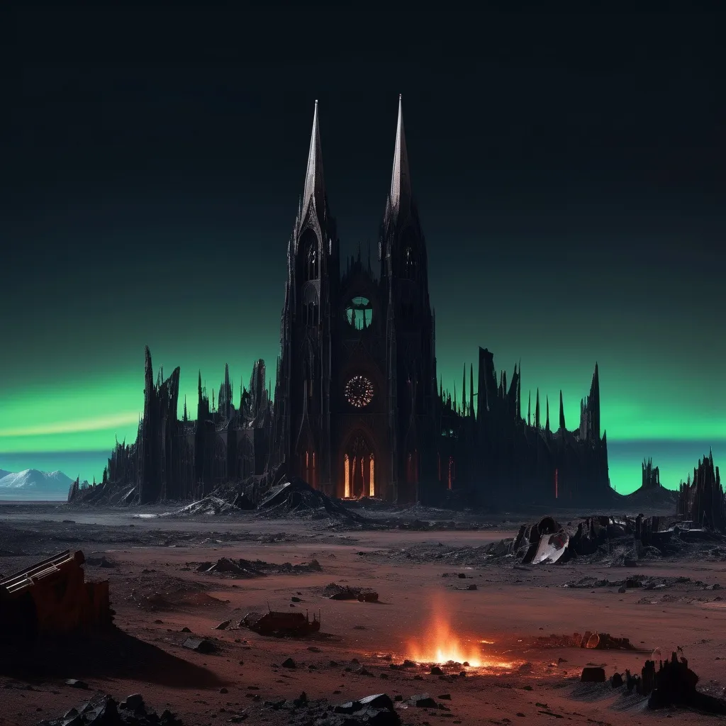 Prompt: Barren landscape, burnt, rugged, mars like, nightmarish dark cathedral, destroyed military equipment scattered around, clear sky, night, northern lights, 