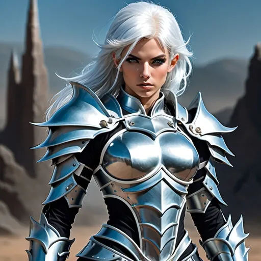 Prompt: Sliver Fantasy armor, black liner under armor, short white hair,