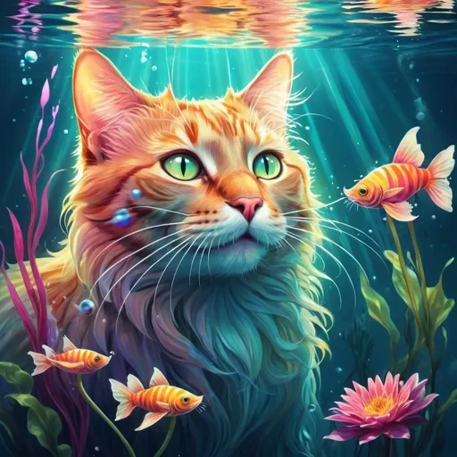 Prompt: Fantasy-style illustration of a joyful, mystical cat, vibrant and surreal underwater scene, playful ripples and reflections, flowing colorful aquatic plants, ethereal light beams, magical and whimsical, high quality, fantasy, vibrant colors, playful lighting, underwater, mystical, joyful cat