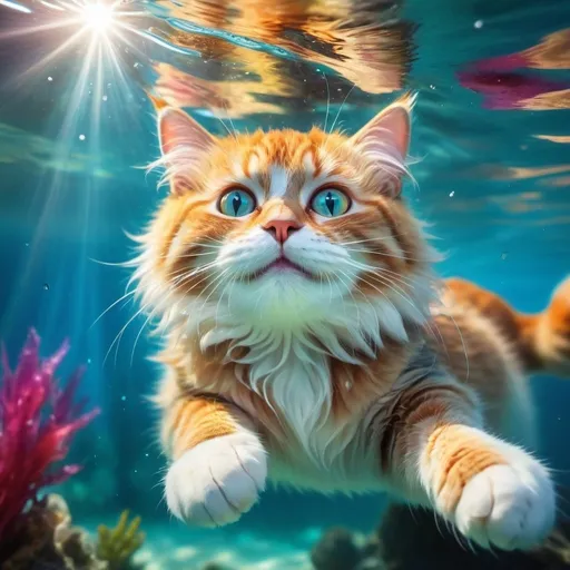 Prompt: Happy cat swimming in crystal clear water, vibrant fantasy colors, magical underwater world, sparkling sunlight filtering through water, whimsical fantasy style, fluffy fur with glistening highlights, vivid and joyful expression, best quality, highres, fantasy, vibrant colors, magical, underwater, whimsical style, sparkling sunlight, fluffy fur, vivid expression, joyful, crystal clear water, professional, dreamy lighting