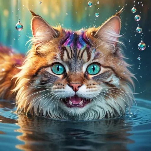 Prompt: Happy cat in the water, fantasy style, vibrant and magical, detailed fur and whiskers, sparkling water reflections, whimsical atmosphere, high quality, fantasy, vibrant colors, detailed fur, playful, magical, water reflections, happy expression, professional, whimsical lighting