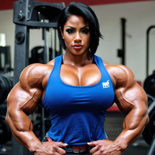 Prompt: high resollution, female, huge female steroid bodybuilder, bulky muscle,muscular, huge body, huge arms, big arms, big chest, big shoulder,huge abs muscles,huge lats muscles, full body, short hair,indonesian female face, thin lips, 