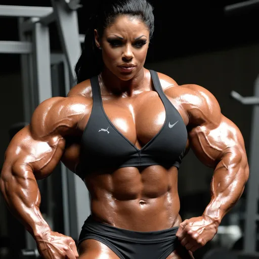 Prompt: huge steroid female muscle