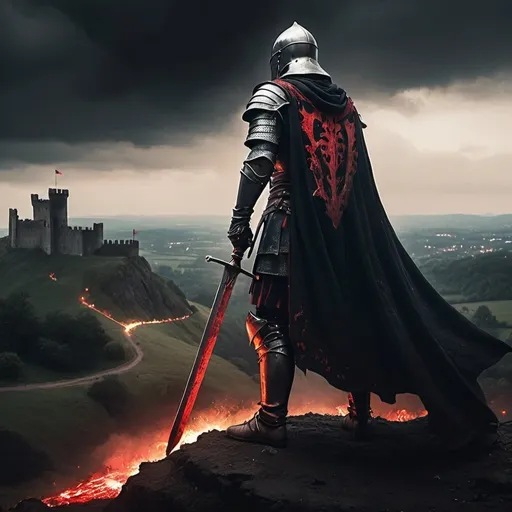 Prompt: A medieval warrior with a black cape, knights attire and helmet with red detail. He is standing in the far on the edge of a cliff. mostly visible are his back and a great sword with thorns on his back. the atmosphere is dark, where the ground the stands on is muddy with remains of battle and in the distance there are valleys shinning with lights of fire that leads uo the a castle a top of another hill