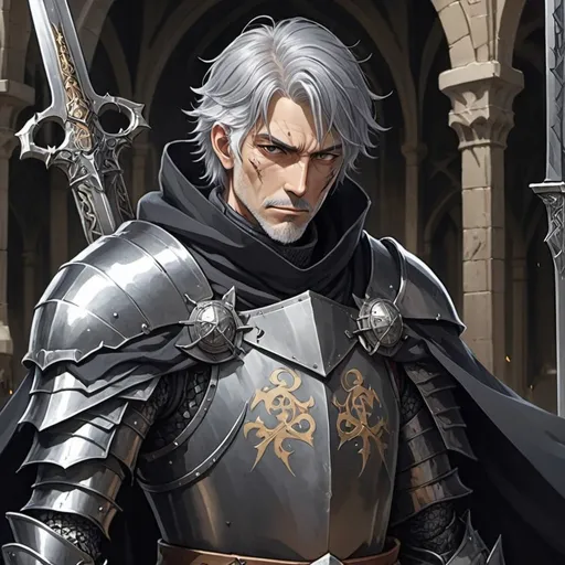 Prompt: Anime character with grey hair, a scar on the face but very subtle, wearing a dark cloak with grey geometric stitching on it, a knights armor underneath also with medieval shapes embedded in to the steel. Has a large sword with similarly embedded symbols and the sword is surrounded by thorns