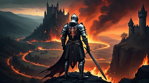 Prompt: background of a medieval time. A knight standing with his back to the viewpoint, observing a valley full of flames and remnants of war. the knights armor is of dark colors with medieval sigils and symbols. He has a Greatsword surrounded by thorns. in the distance behind the flames valley of hell and death, there stands a medieval castle with dracula styling and dark eerie atmosphere. 
