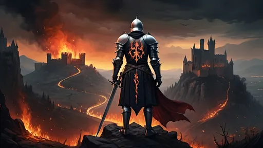 Prompt: background of a medieval time. A knight standing with his back to the viewpoint, observing a valley full of flames and remnants of war. the knights armor is of dark colors with medieval sigils and symbols. He has a Greatsword surrounded by thorns. in the distance behind the flames valley of hell and death, there stands a medieval castle with dracula styling and dark eerie atmosphere. 
