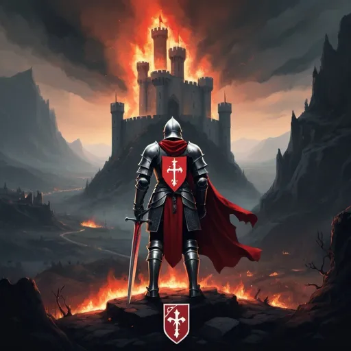 Prompt: Create a Logo with the text "GameDev At 30", where the text is white and "GameDev" is surrounded by a red filled rectangle. and "At 30" is white and is surrounded by a dark grey rectangle. 
the rest of the Logo should have a background of a medieval time. A knight standing with his back to the viewpoint, observing a valley full of flames and remnants of war. the knights armor is of dark colors with medieval sigils and symbols. He has a Greatsword surrounded by thorns. in the distance behind the flames valley of hell and death, there stands a medieval castle with dracula styling and dark eerie atmosphere. 
