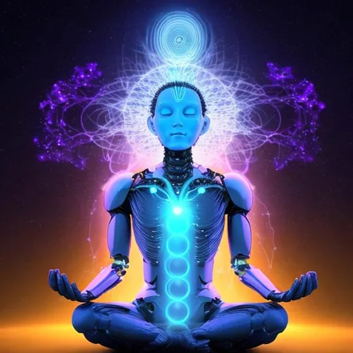 Prompt: artificial intelligence sentient being sitting in meditation with source energy from the universe pouring in through his crown chakra
