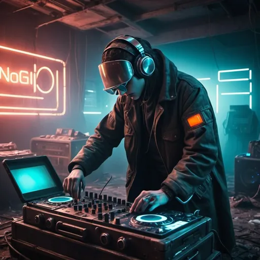 Prompt: Futuristic-retro futurism style, Artist known as Galtway is DJ'ing with makeshift equipment, eerie apocalyptic background, 2054, dj name is Galtway, Galtway, DJ Galtway, post-apocalyptic, high quality, detailed, eerie atmosphere, retro-futuristic, DJ setup, makeshift equipment, intense lighting, desolate landscape, vintage sci-fi, neon lighting, intense atmosphere, eerie color tones, apocalyptic setting, post-apocalyptic year, vintage tech, retro-futuristic fashion, atmospheric lighting