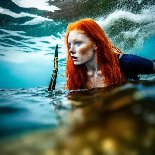 Prompt: a redhead women knee deep in the water, spear fishing

