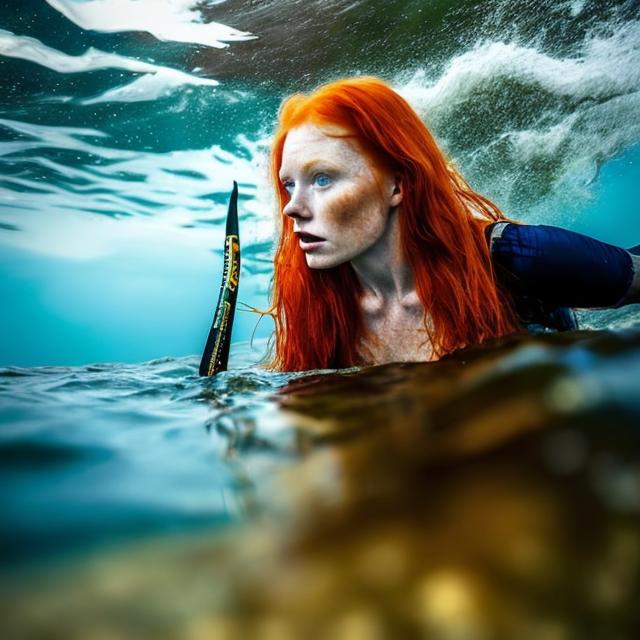 Prompt: a redhead women knee deep in the water, spear fishing
