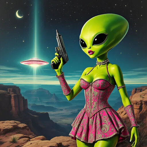 Prompt: A green alien  with large head, big black eyes and a small mouth posing sassy wearing pink burlesque outfit, her hand holding a raygun and pointing at the sky, an UFO near the alien glowing in the dark from far away, set in the grand canyon desert, retro movie poster style, wild west inspired 