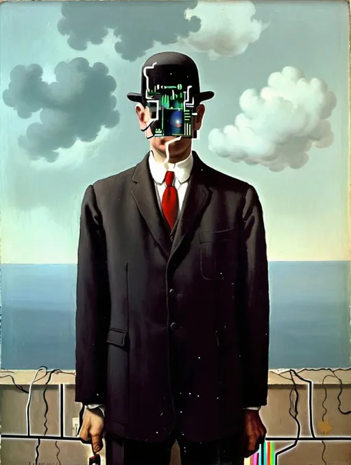 Prompt: a Magritte's painting of a man, with some technological details (example: electrical cables, digital screens) 