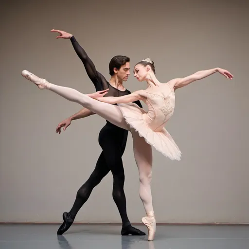 Prompt: A female ballerina and a male ballet dancer together, very close, in costumes and tights 