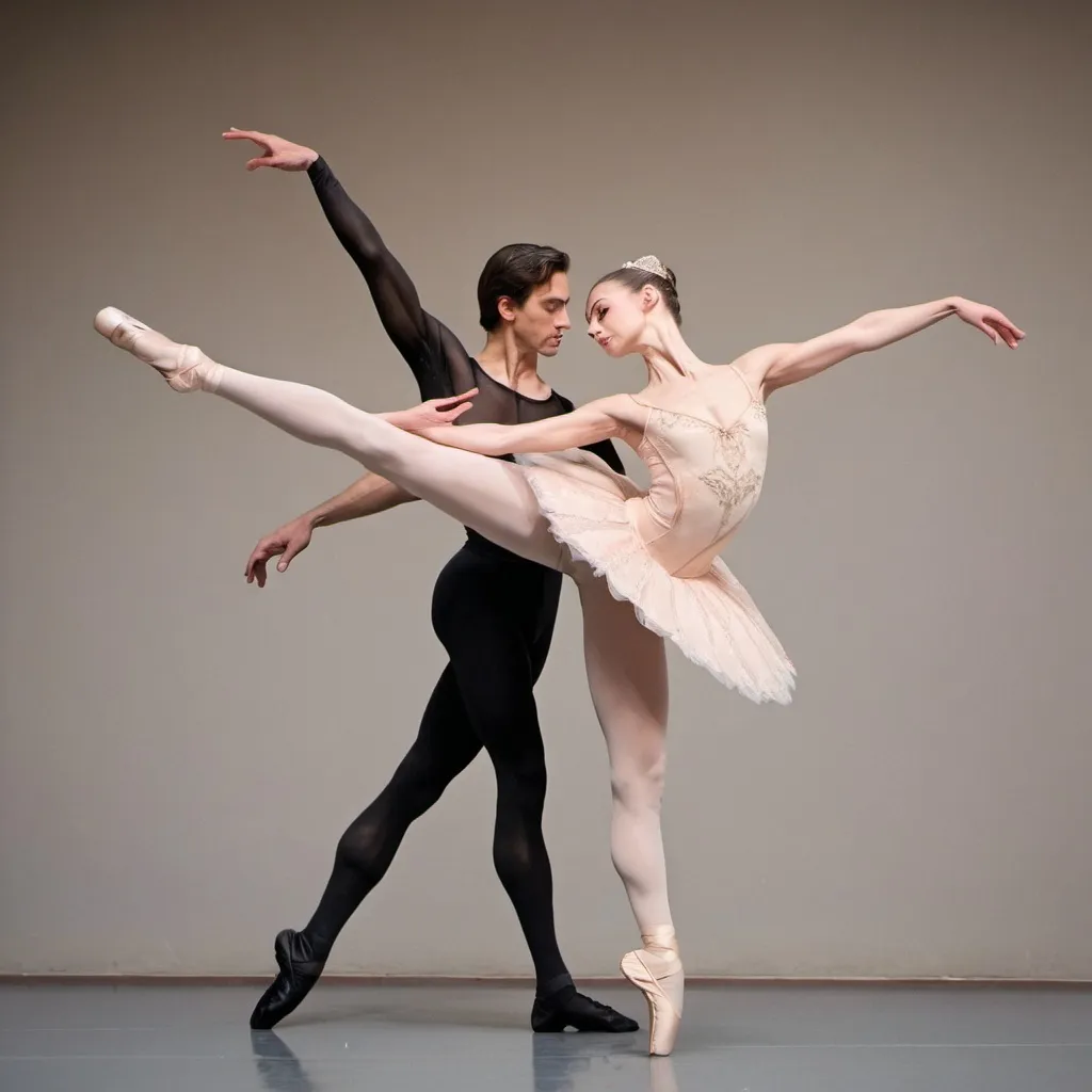 Prompt: A female ballerina and a male ballet dancer together, very close, in costumes and tights 