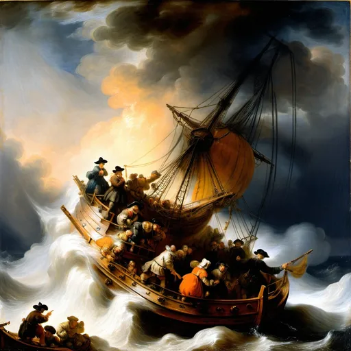 Prompt: Oil painting, Rembrandt, People on a ship in a storm