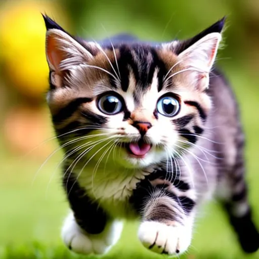 Prompt: happy cat jumping chibi adorable fuzzy young cute black and grey big eyes realitic