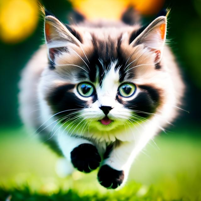 Prompt: happy cat jumping chibi adorable fuzzy young cute black and grey big eyes realitic