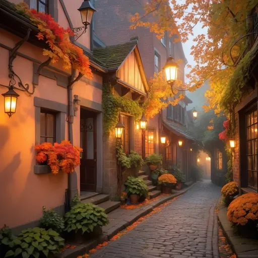 Prompt: A quaint cobblestone street meanders through a charming village, flanked by rustic homes adorned with vibrant brick facades and glowing lanterns casting a warm light against the soft haze of twilight. Lush flower boxes brim with colorful blooms beneath each window, while ivy and creeping vines weave their way along the walls, contributing to the enchanting atmosphere of the scene. The trees overhead display a fiery array of autumn leaves, creating a kaleidoscope of warm hues that contrast softly with the cool, misty background. The slightly damp cobblestones reflect the inviting warmth of the lanterns, adding a magical glow to the serene setting, evoking a sense of tranquility and nostalgia as evening descends. This picturesque alley seems to whisper stories of a bygone era, inviting passersby to explore its quiet beauty.