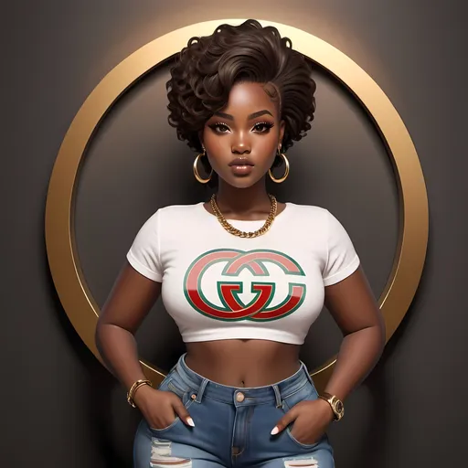 Prompt: urban African  American woman with large gold hoops, big brown eyes , short hair style, curvy, jeans , Gucci t shirt logo crop top, Gucci purse , animated background, dark skin 4x HD, thick thighs, in heels 